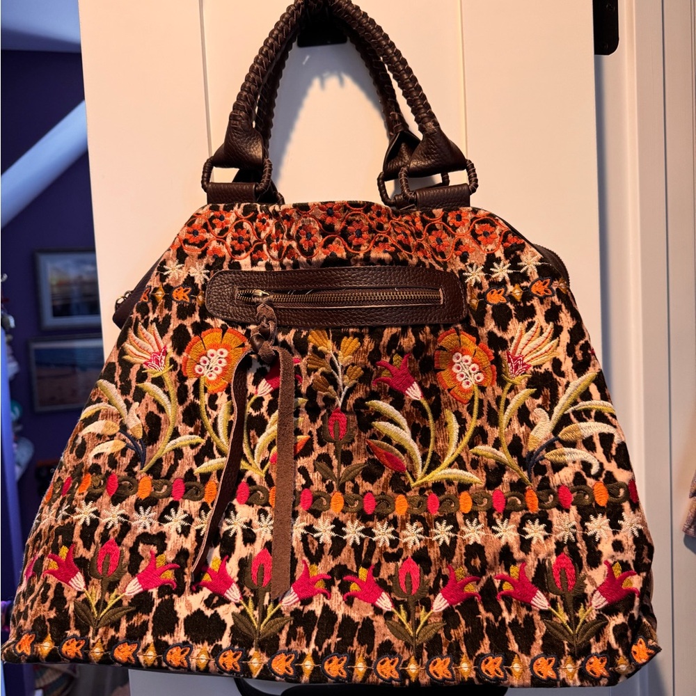 Johnny Was Black Embroidered Floral Travel Bag with Pink Orange Green Accents